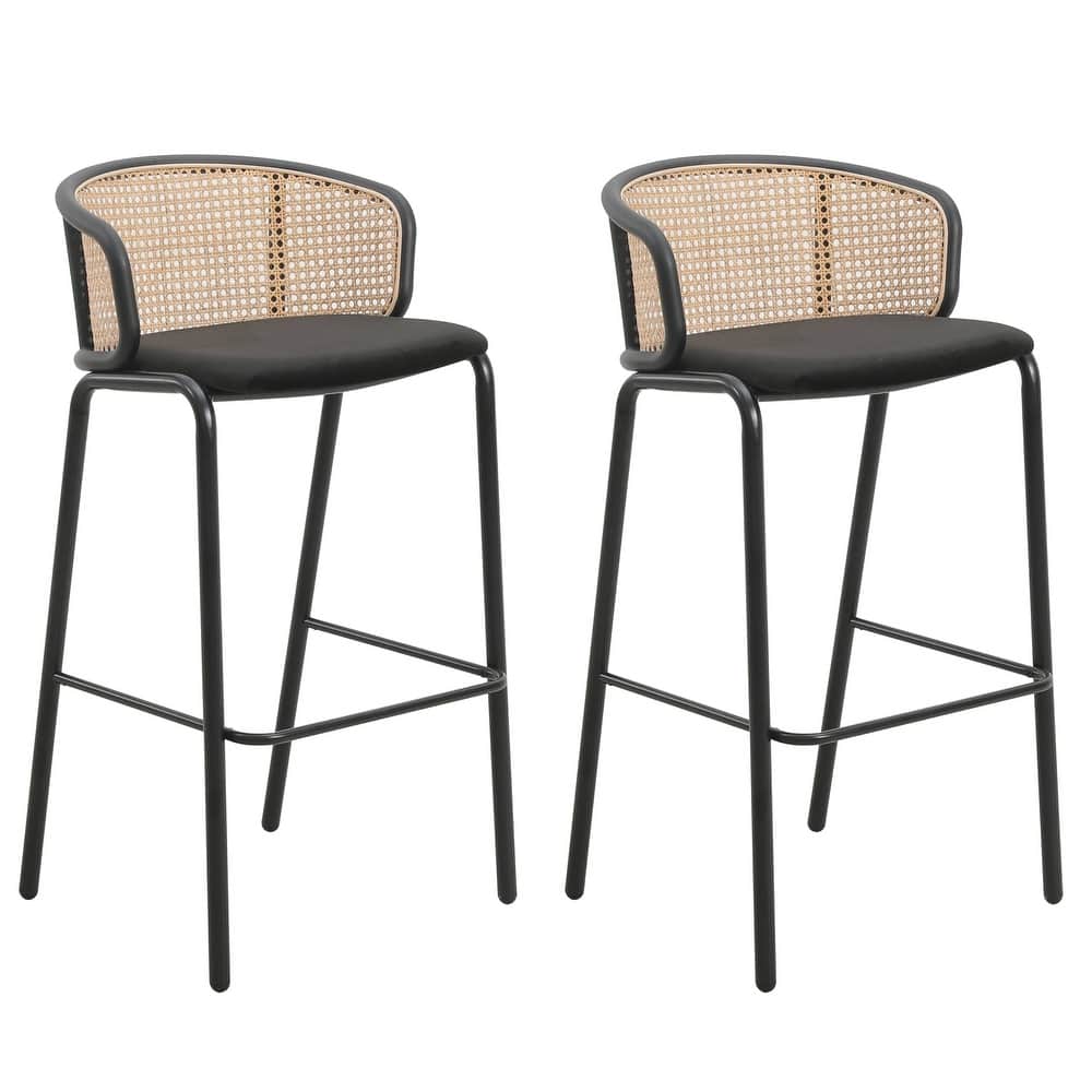 Ervilla Mid-Century Modern Low-Back Wicker Bar Stool and Black Powder-Coated Steel Frame for Kitchen and Dining (Set of 2) - 37"