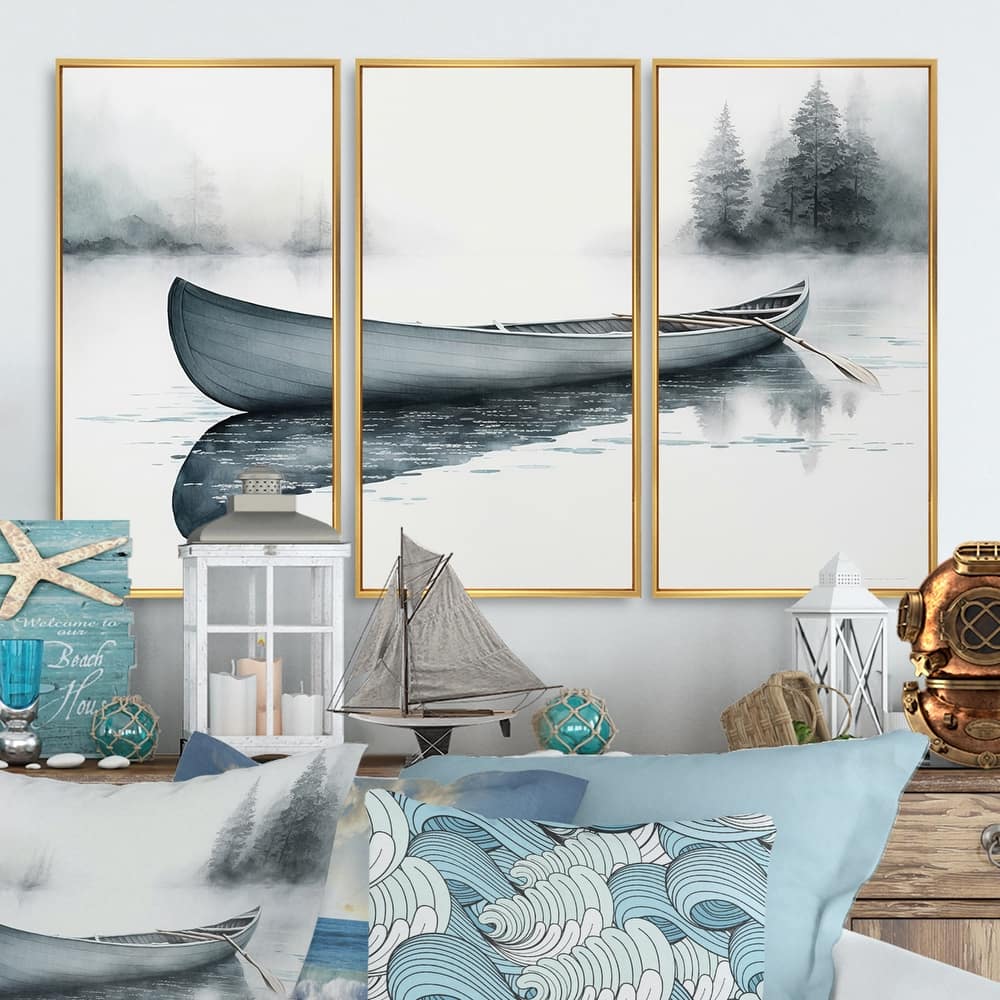 Designart "Canoe On The Lake II" Coastal Boat Framed Canvas Art Print - 3 Panels