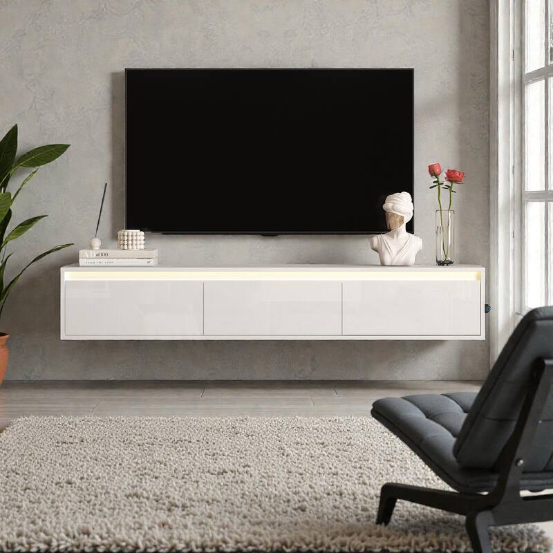 Floating TV Stand with LED Lights & Power Outlet, Wall Mounted High Gloss TV Cabinet with Storage and USB Ports
