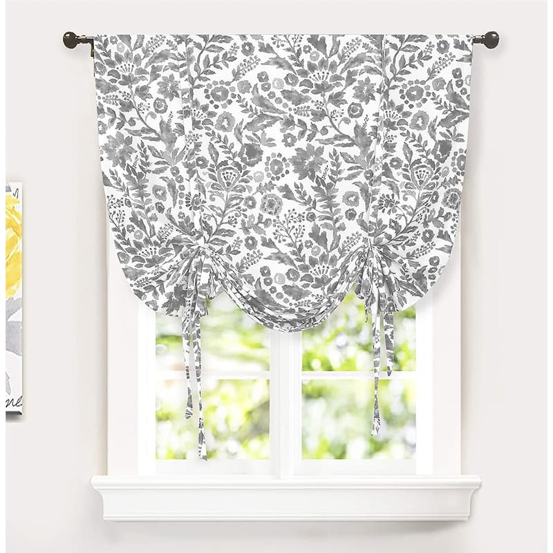 Porch & Den Ouzel Floral Watercolor Tie Up Single Curtain Panel - 45" width x 63" length - Grey