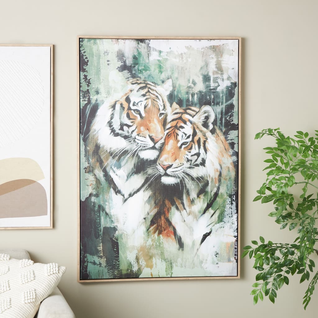 Multi Colored Canvas Shaded Tiger Living Room Framed Wall Art with Green Accents