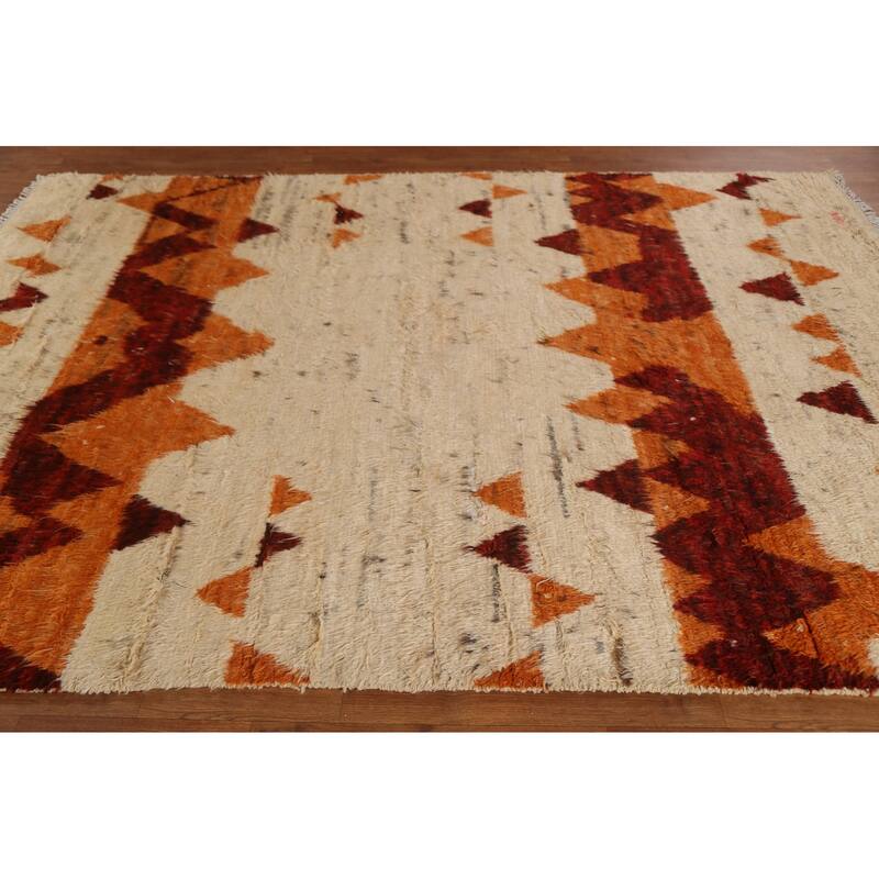 Hand Knotted Oriental 100% Wool Carpet Modern Tribal Beige & Ivories Moroccan Area Rug - 9' 8'' X 6' 8''