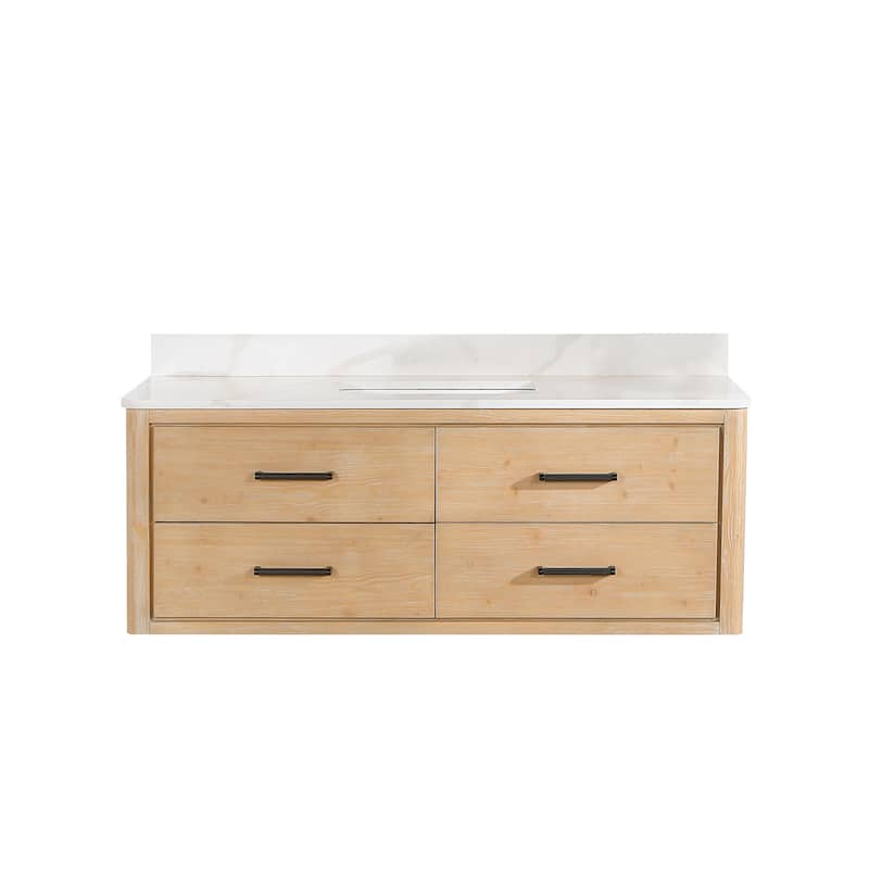 Cristo Floating Bath Vanity with White Quartz Stone Top without Mirror - 55 in. - Fir Wood Brown