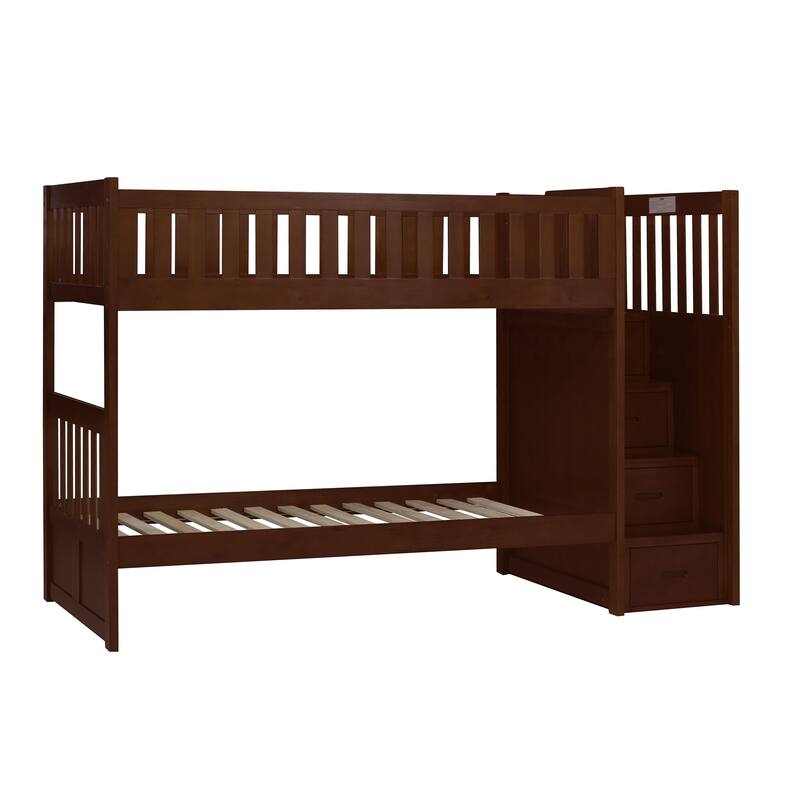 Catherine Twin over Twin Bunk Bed, Storage Step, Solid Wood, Dark Brown