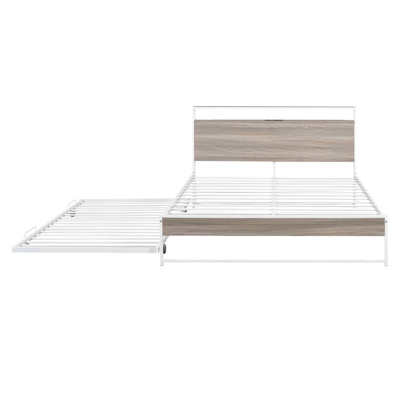 Full/Queen Platform Bed Frame with Trundle, USB Ports and Steel Slat Support, Metal and Wooden Bed Frame with Storage Headboard
