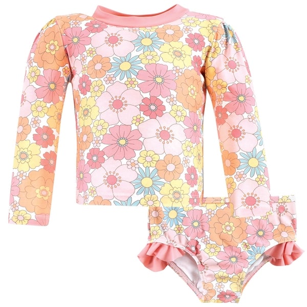 slide 1 of 1, Hudson Baby Girls Swim Rashguard Set, Peace Love Flowers 2T - Peace Love Flowers