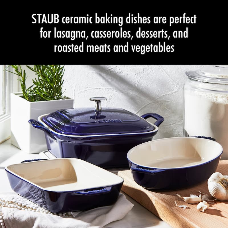 Staub Ceramic 4-pc Baking Pans Set, Casserole Dish with Lid, Brownie Pan