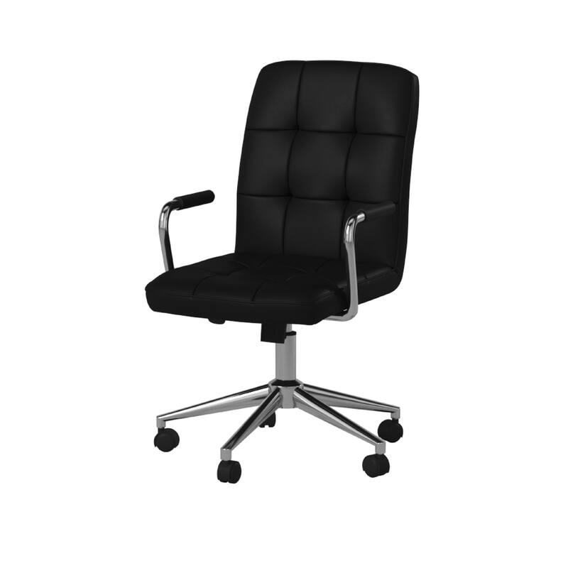 Sela Swivel Office Armchair, Tufted Black Seat & Back, Chrome Base