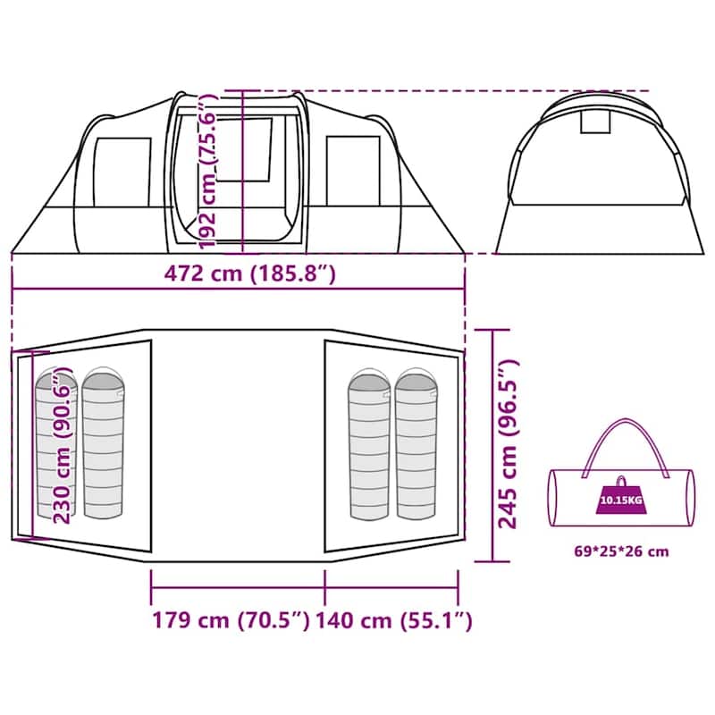 vidaXL Camping Tent Tunnel 4-Person Camouflage Waterproof - 185.8 x 96.5 x 75.6