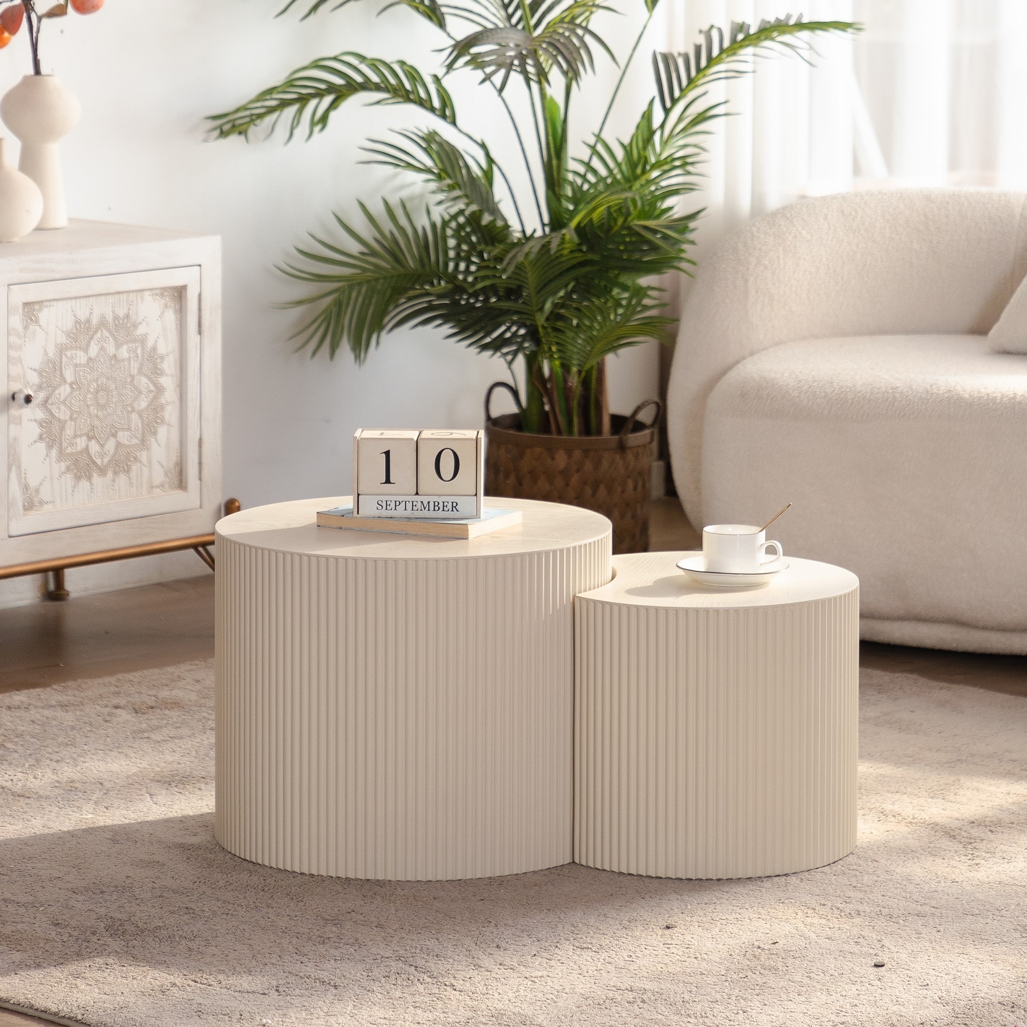 GDFStudio - Modern Round Wooden Coffee Table with Handcrafted Relief Design - No Assembly Required