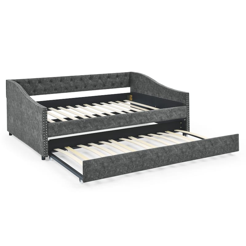 Full Size Daybed with Twin Size Trundle Upholstered Tufted Sofa Bed