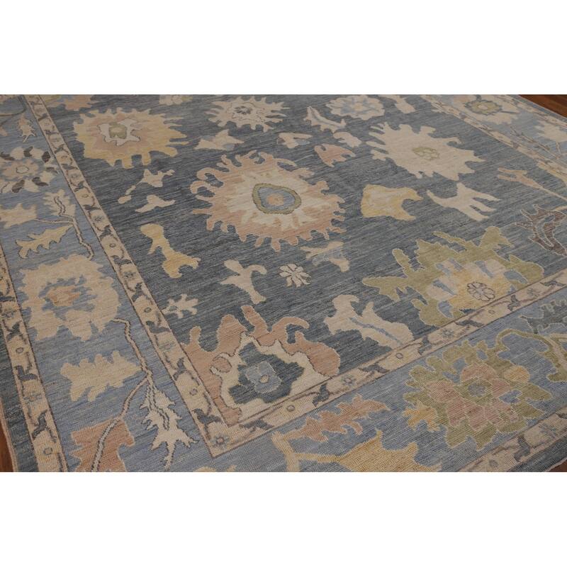 Vegetable Dye Oushak Turkish Area Rug Hand-Knotted Blue Wool Carpet - 9'2"x 11'9"