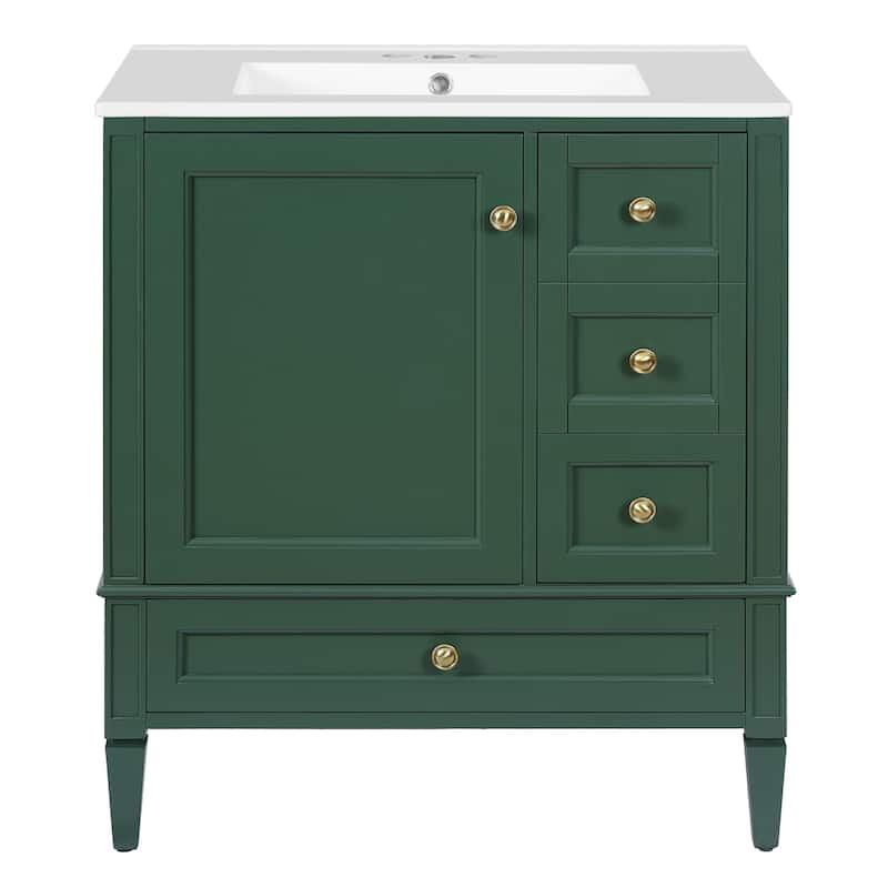 30" Bathroom Vanity with Ceramic Sink - Solid Wood Frame with 3 Drawers, Modern Bathroom Storage Cabinet