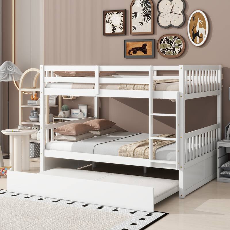 Full Over Full Rubber Wood Bunk Bed w/ Trundle, Ladder & Guardrails, Convertible to 2 Full Size Beds, White