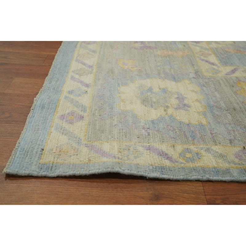 Vegetable Dye Blue Oushak Turkish Area Rug, Floral Geometric Carpet - 9' 10'' X 7' 11''
