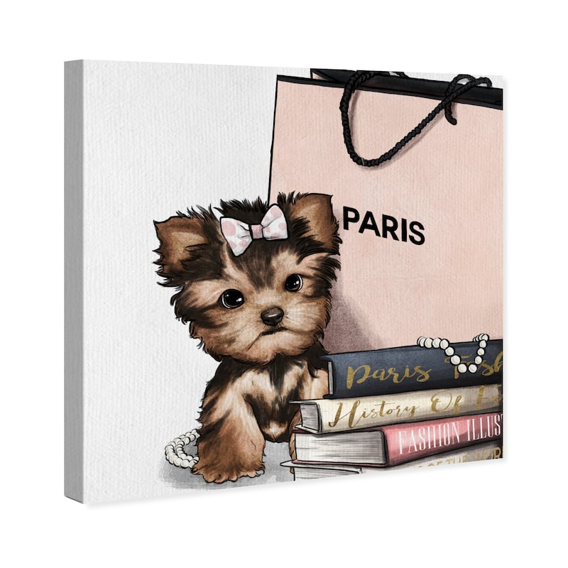 Wynwood Studio 'Fashion Book Yorkie Glam' Animals Wall Art Canvas Print Dogs and Puppies - Brown, Pink
