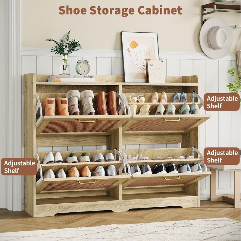 4 Turn Drawers Rattan Entryway Shoe Storage Cabinet, Freestanding Organizer