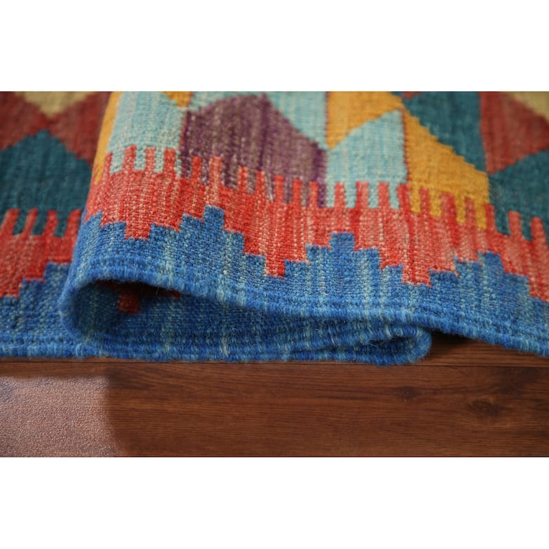 Geometric Multicolor Kilim Runner Rug Hand-Woven Wool Carpet - 2'2"x 6'6"