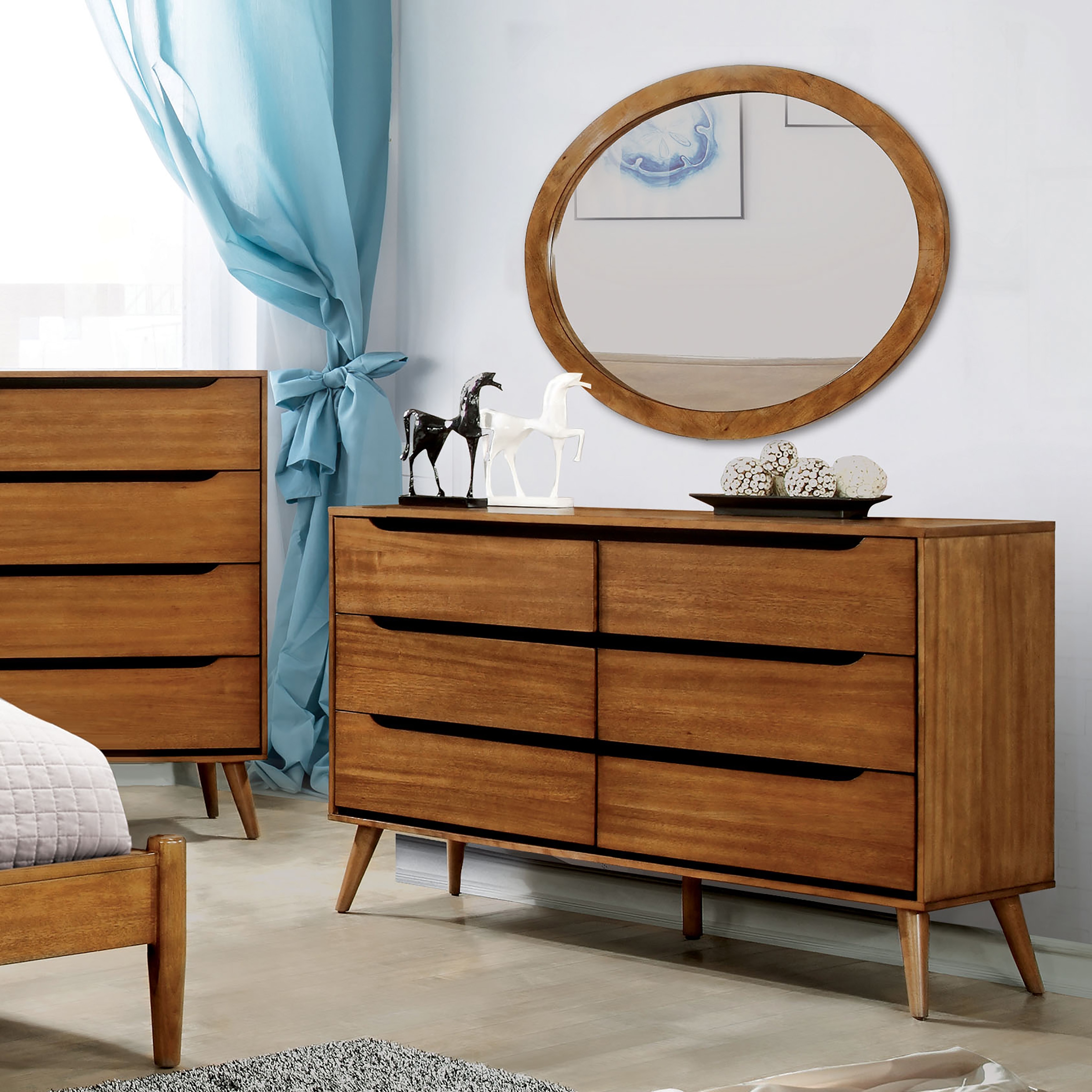 Fopp Mid-Century Modern Solid Wood 6-Drawer 2-Piece Dresser and Oval Mirror  Set by Furniture of America