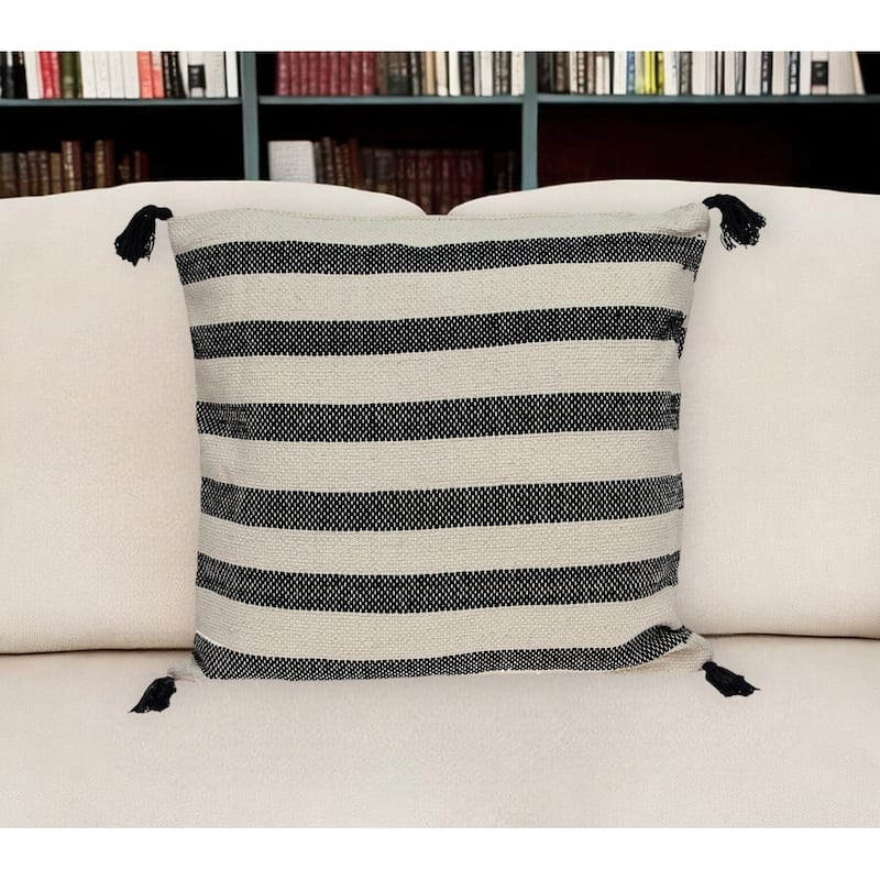 HomeRoots 24" Beige and Black Striped Cotton Throw Pillow With Tassels - Accent - Polyester