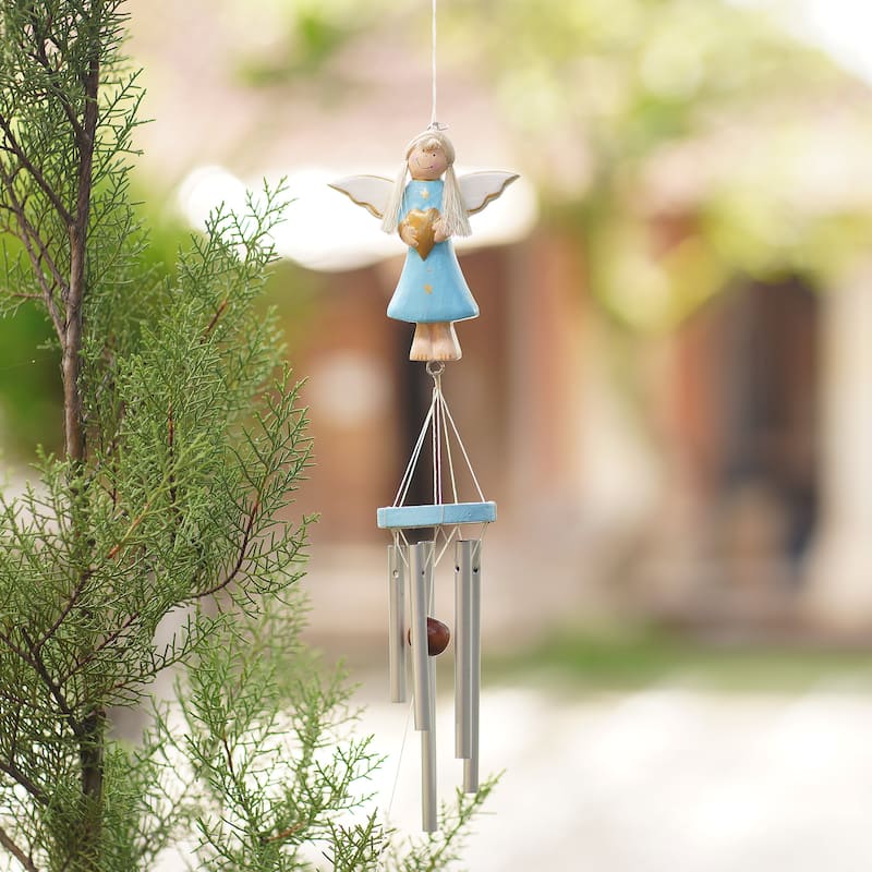 Novica Handmade Love Angel In Blue Wood Wind Chime