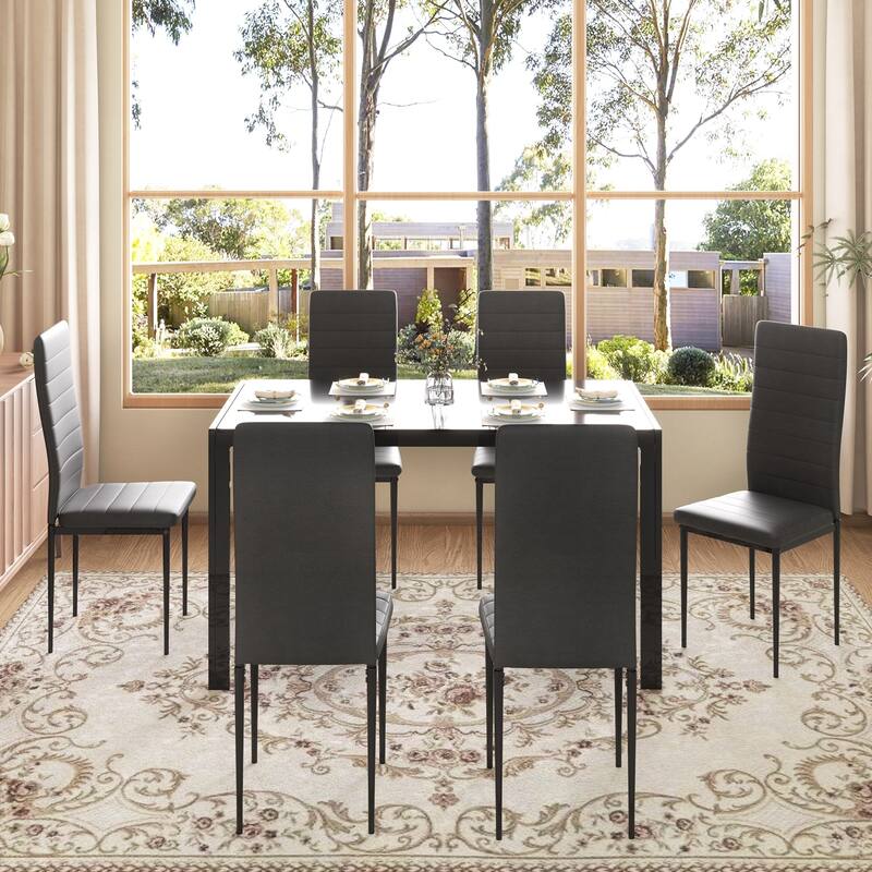 5/7-Piece Glass Top Dining Table Set, Kitchen Table and 4/6 Luxury Faux Leather Chairs, Home Furniture Rectangular Modern, Black