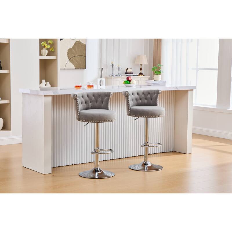 Velvet Upholstered Bar Stool Set of 2, Adjusatble Height Swivel Bar Stools, Dining Chairs with Curved Backrest & Footrest