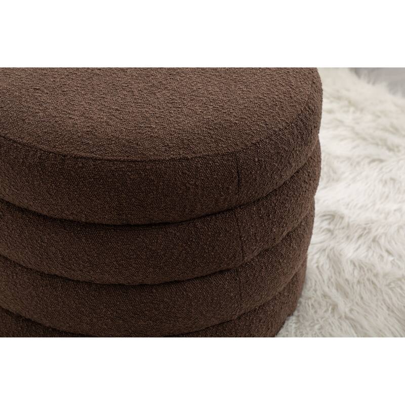 Boucle Fabric Round Storage Ottoman Footstool with Wooden Shelving