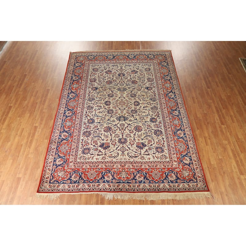 Hand Knotted Oriental 100% Wool Carpet Traditional Floral Beige & Ivories Isfahan Area Rug - 12' 0'' X 8' 7''