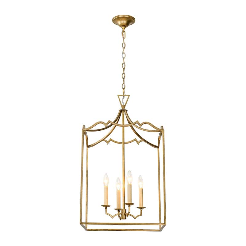 Vintage 4-Light Candle Aged Gold Iron Square Cage Pendant Lantern