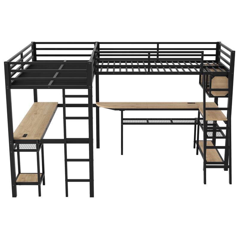 Roomfitters Metal Twin L-Shaped Loft Bed with 2 Desks, LED Lights and Charging Station, Black