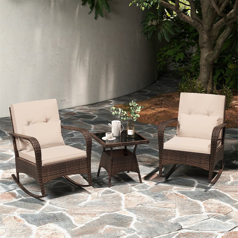 Gymax 3PCS Outdoor Rocking Set Rattan Rocker Chairs w/ Tempered Glass