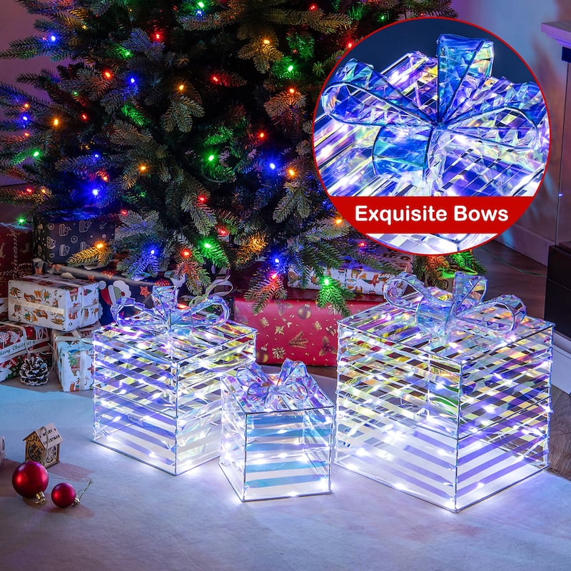 Gymax 3 Pieces Christmas Lighted Gift Boxes 90 LED Light up Present - Multi - See Details