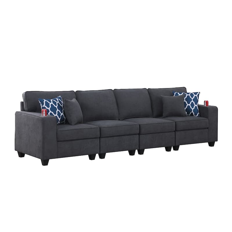 Woven Upholstered 4-Seater Sofa with 2 Cupholder in Stone Gray