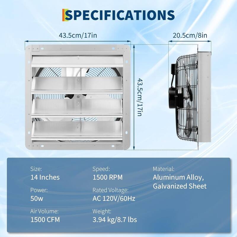 Wall Mount Exhaust Fan with Automatic Shutter, Professional Attic Fan for Garage, Greenhouse, Shed, Workshop and Barn