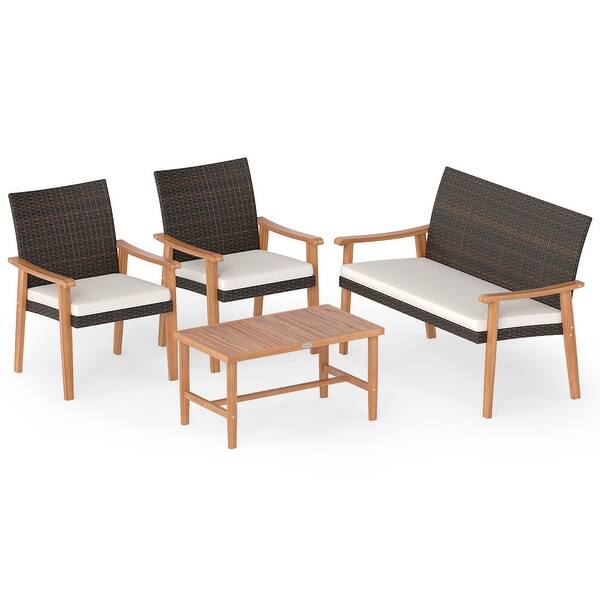 Gymax 4 PCS Patio Furniture Set w/Acacia Wood Coffee Table & Soft - Bed ...