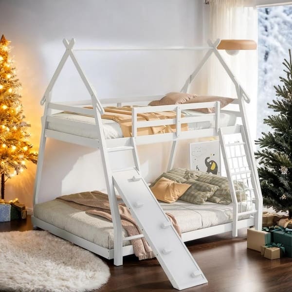 slide 2 of 12, Artsy Twin over Queen House Bunk Bed with Climbing Nets and Climbing Ramp, Maximized Space & Playful Design, White White