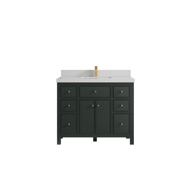 Willow Collections 42 in W x 22 in D Sonoma Free Standing Reeded Single Sink Bathroom Vanity with Countertop - 2" Carrara Quartz - Dark Forest Green