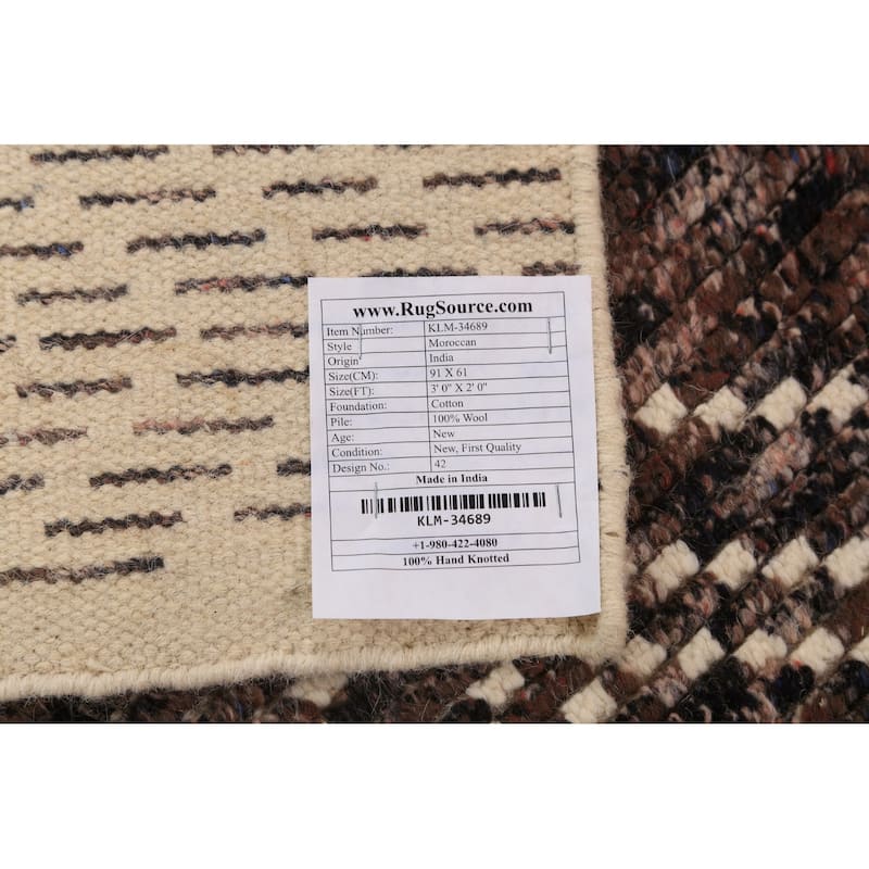 Brown Moroccan Oriental Foyer Rug Hand-Knotted Accent Wool Carpet - 2'0"x 3'0"