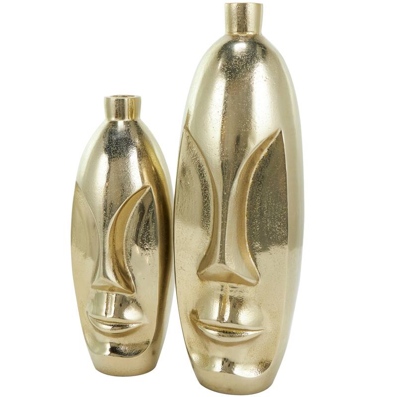 Gold Aluminum Metal Face Decorative Vase with Abstract Details (Set of 2)