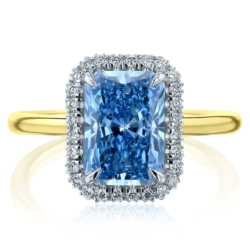 Kobelli 3 Carats Vivid Blue Diamond 14k Solid Gold Double Halo Radiant Aomori Ring (Certified) - Yellow - 9