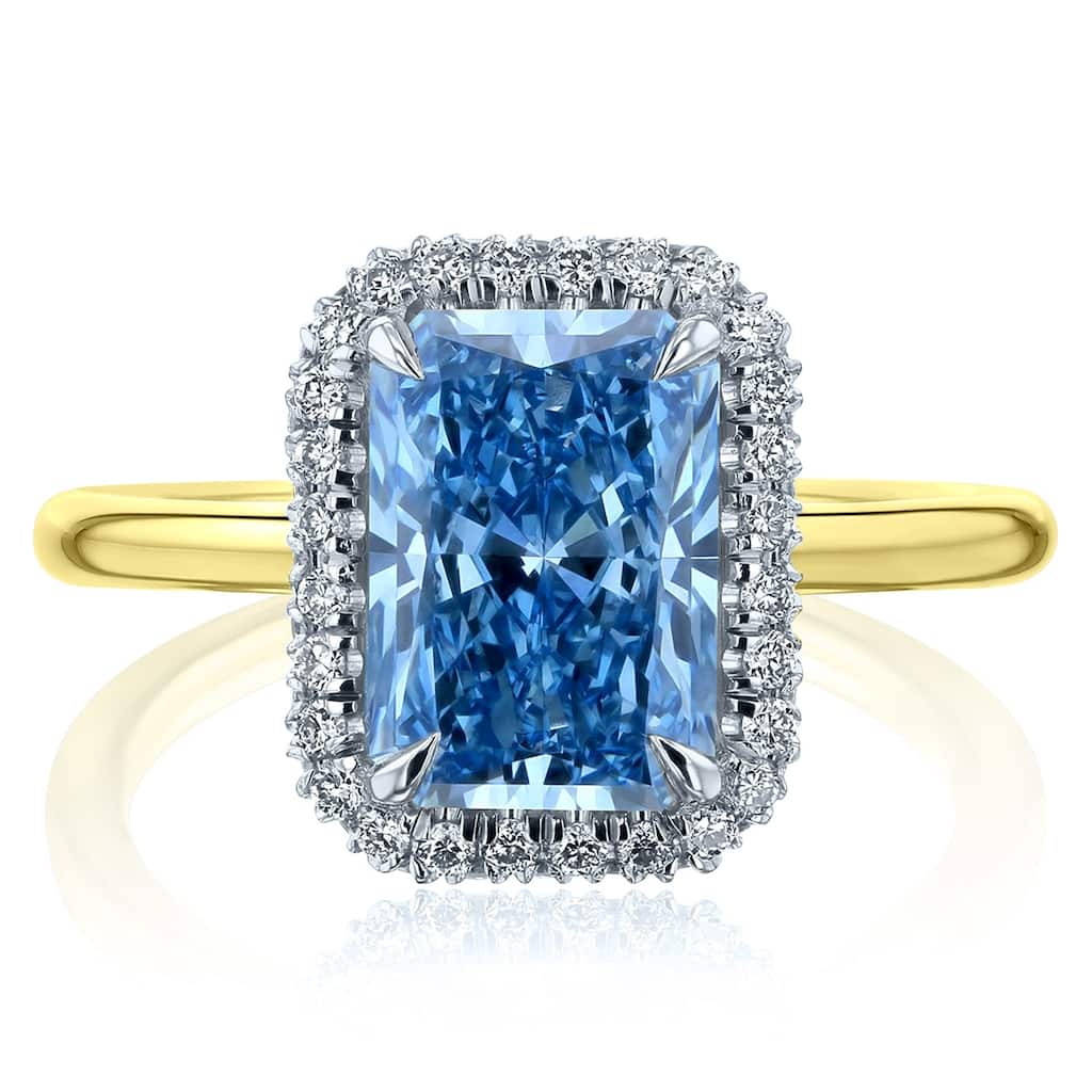 Kobelli 3 Carats Vivid Blue Diamond 14k Solid Gold Double Halo Radiant Aomori Ring (Certified)