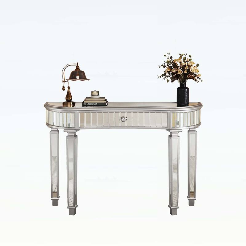 Half-Moon Mirrored Console Table with Fluted Glass,Crystal Knob Drawer