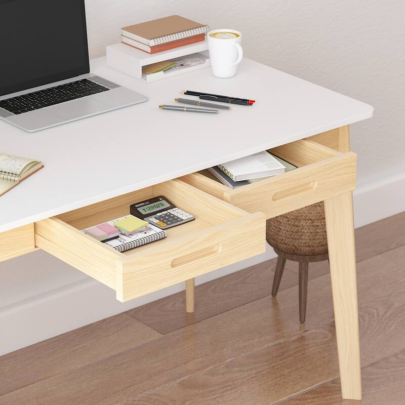 Timechee White Wooden Computer Desk, 39" Writing Desk with 2 Drawers