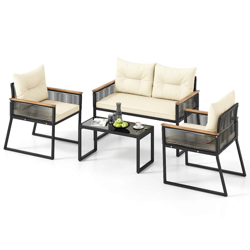 4/8 PCS Patio Wicker Furniture Set Outdoor Cushioned Conversation Set - 4 pcs