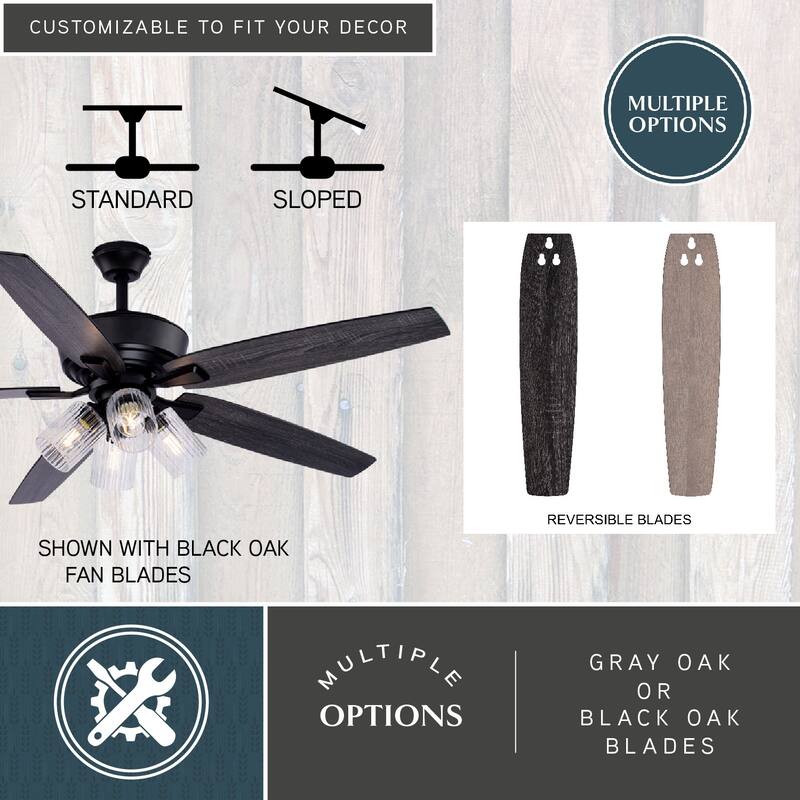 Fircrest 60 in. Matte Black Ceiling Fan with Reversible Gray Oak-Black Oak Blades, LED Light Kit and Remote, 6 Speeds, DC Motor