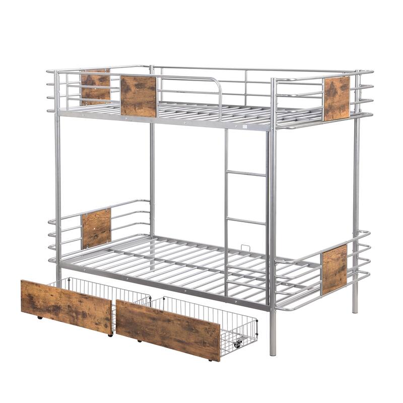 Industrial Twin XL Metal Bunk Bed with Guardrail, Storage Drawers, and Ladder