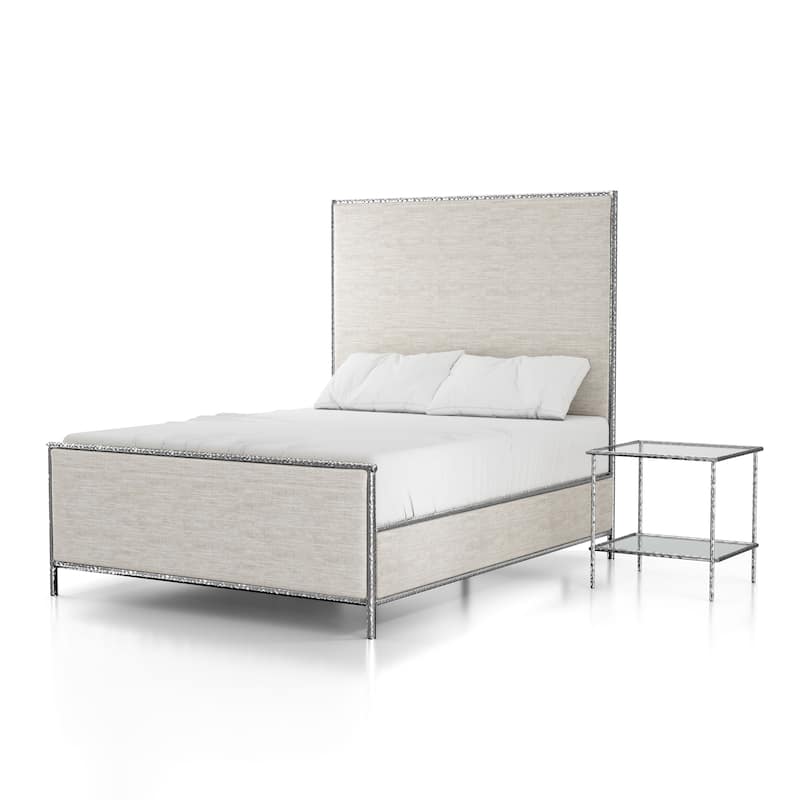 Furniture of America Zayen Modern 2-Piece Upholstered Queen Size Hammered Metal Platform Bedroom Set with Nightstand - Silver