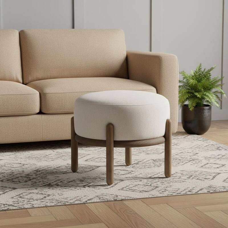 HomeRoots 22" Cream and Brown Solid Wood and Upholstered Round Pouf Ottoman - Cream - 22.00 in. x 18.00 in. x 22.00 in.