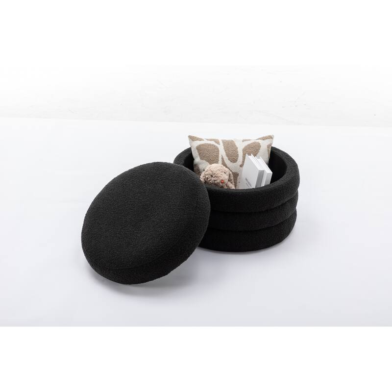 Boucle Fabric Storage Round Ottoman Footstool With Wooden Shelving